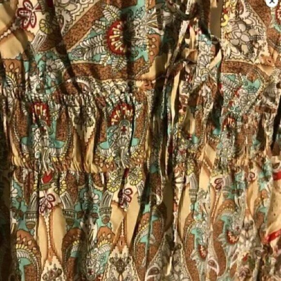 Bohemian Floral Print Woven Bell Sleeve Flounce Peasant Maxi  Hippie Dress L - Picture 9 of 14